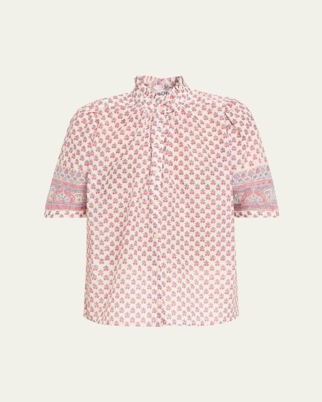 Winnie Antique-Print Puff-Sleeve Top